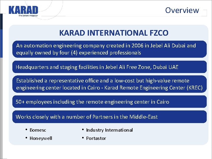The Company – Introduction Overview KARAD INTERNATIONAL FZCO An automation engineering company created in The Company – Introduction Overview KARAD INTERNATIONAL FZCO An automation engineering company created in