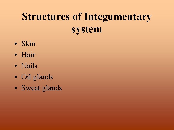 Structures of Integumentary system • • • Skin Hair Nails Oil glands Sweat glands