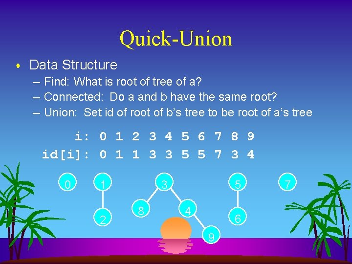 Quick-Union s Data Structure – Find: What is root of tree of a? –