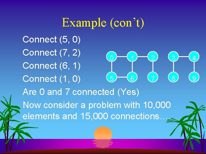 Example (con’t) Connect (5, 0) Connect (7, 2) 0 1 2 3 Connect (6,