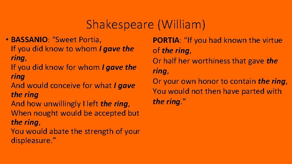 Shakespeare (William) • BASSANIO: “Sweet Portia, If you did know to whom I gave