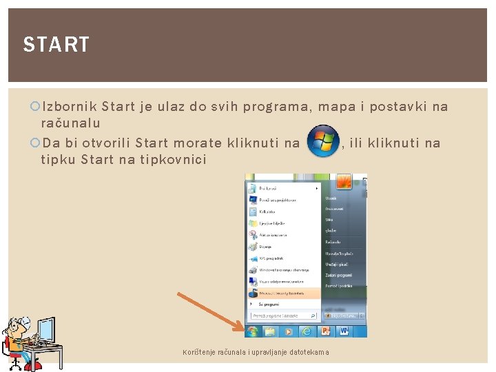 START Izbornik Start je ulaz do svih programa, mapa i postavki na računalu Da
