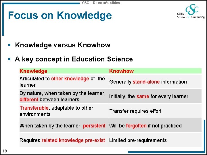 CSC – Director’s slides Focus on Knowledge § Knowledge versus Knowhow § A key