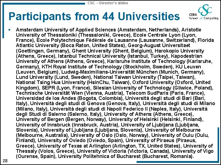 CSC – Director’s slides Participants from 44 Universities § 28 Amsterdam University of Applied