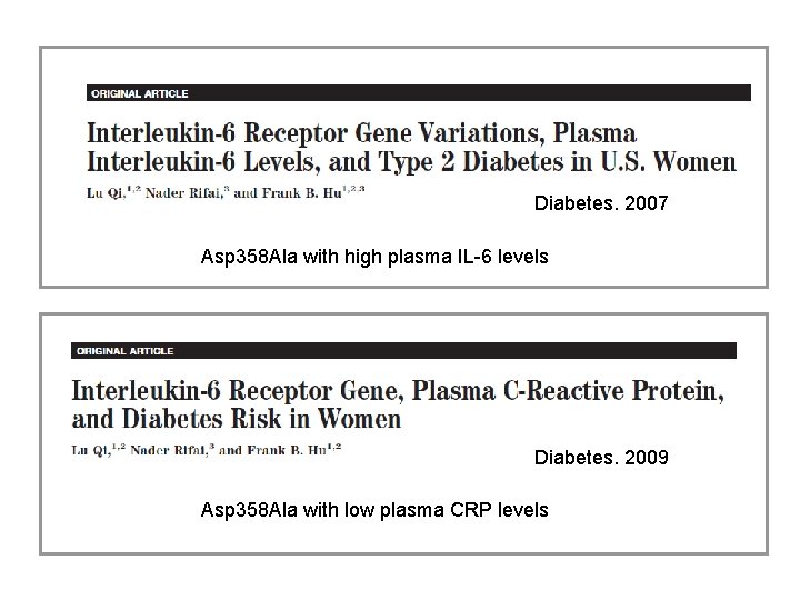 Diabetes. 2007 Asp 358 Ala with high plasma IL-6 levels Diabetes. 2009 Asp 358