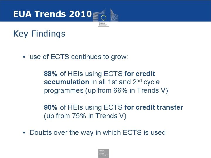 EUA Trends 2010 Key Findings • use of ECTS continues to grow: 88% of