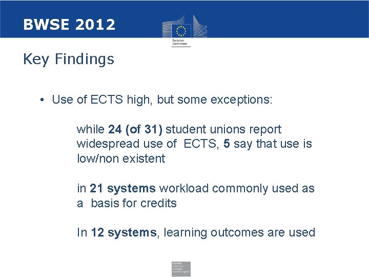 BWSE 2012 Key Findings • Use of ECTS high, but some exceptions: while 24