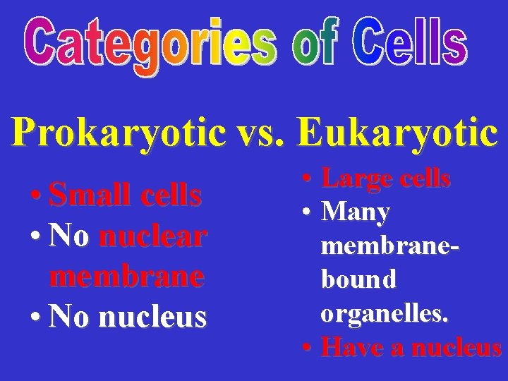 Prokaryotic vs. Eukaryotic • Small cells • No nuclear membrane • No nucleus •