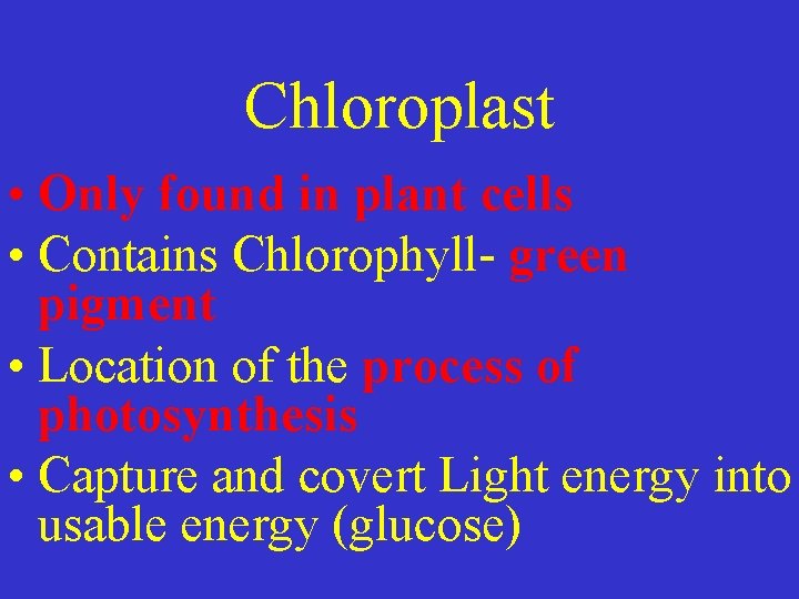 Chloroplast • Only found in plant cells • Contains Chlorophyll- green pigment • Location