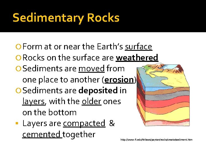 Sedimentary Rocks Form at or near the Earth’s surface Rocks on the surface are