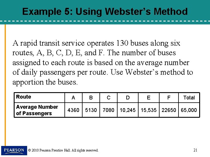 Example 5: Using Webster’s Method A rapid transit service operates 130 buses along six