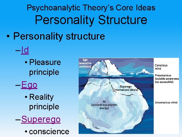 Psychoanalytic Theory’s Core Ideas Personality Structure • Personality structure – Id • Pleasure principle