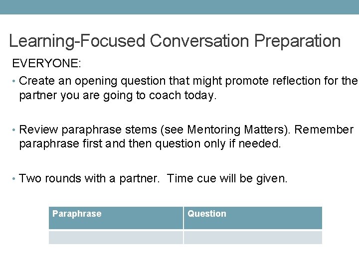 Learning-Focused Conversation Preparation EVERYONE: • Create an opening question that might promote reflection for