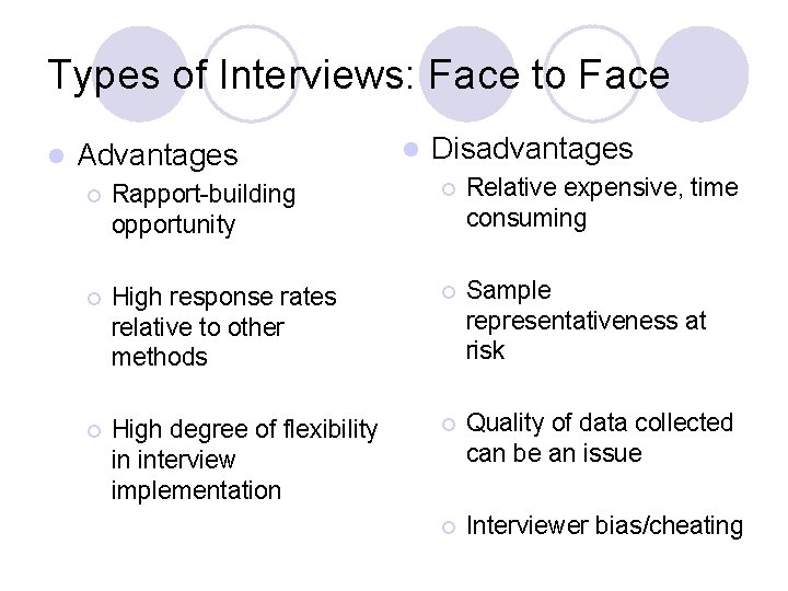 Types of Interviews: Face to Face l Advantages l Disadvantages ¡ Rapport-building opportunity ¡