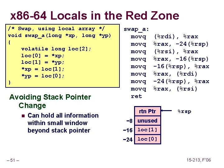 x 86 -64 Locals in the Red Zone /* Swap, using local array */ x 86 -64 Locals in the Red Zone /* Swap, using local array */
