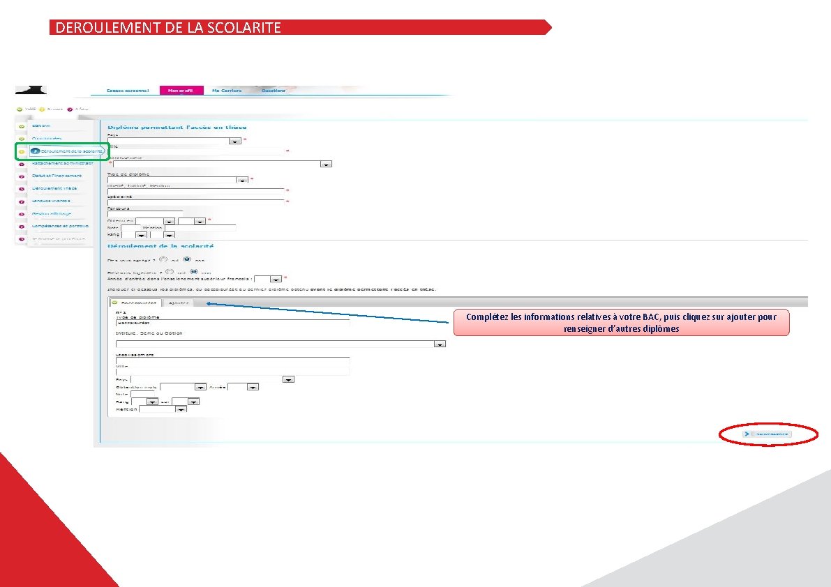 DEROULEMENT DE LA SCOLARITE Complétez les informations relatives à votre BAC, puis cliquez sur