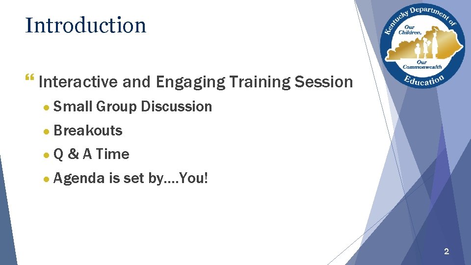 Introduction } Interactive and Engaging Training Session ● Small Group Discussion ● Breakouts ●Q
