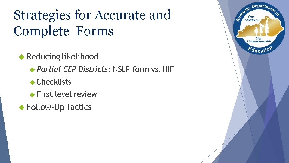 Strategies for Accurate and Complete Forms Reducing likelihood Partial CEP Districts: NSLP form vs.