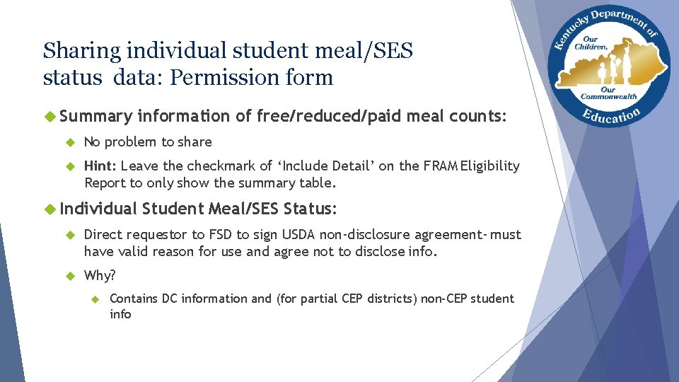 Sharing individual student meal/SES status data: Permission form Summary information of free/reduced/paid meal counts: