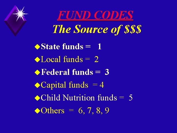 FUND CODES The Source of $$$ u. State funds = 1 u. Local funds