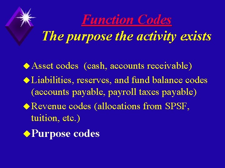 Function Codes The purpose the activity exists u Asset codes (cash, accounts receivable) u