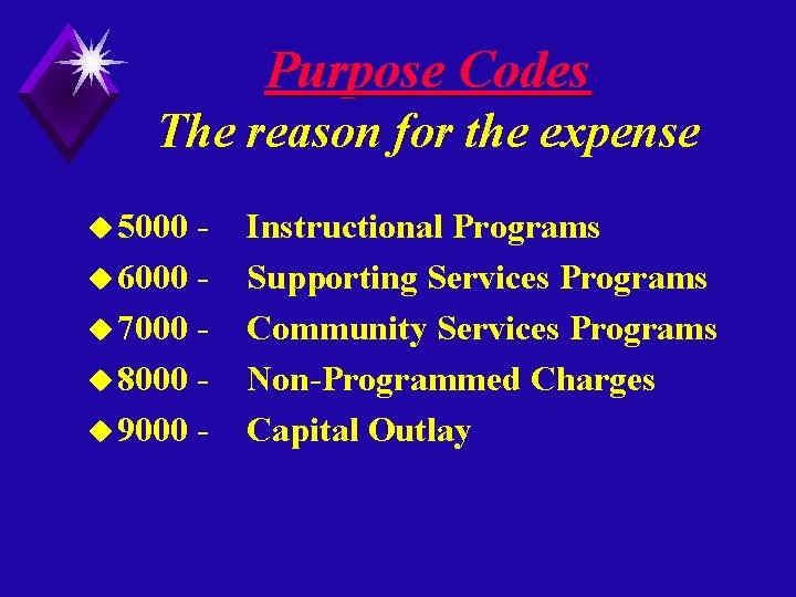 Purpose Codes The reason for the expense u 5000 u 6000 u 7000 u