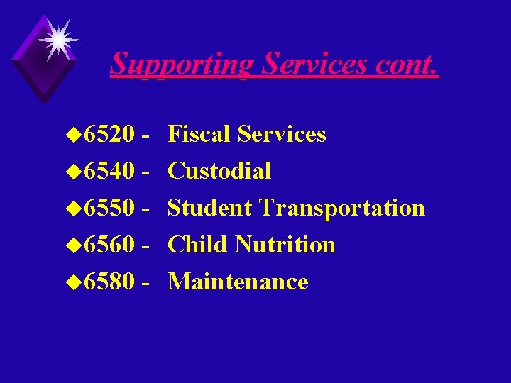 Supporting Services cont. u 6520 u 6540 u 6550 u 6560 u 6580 -