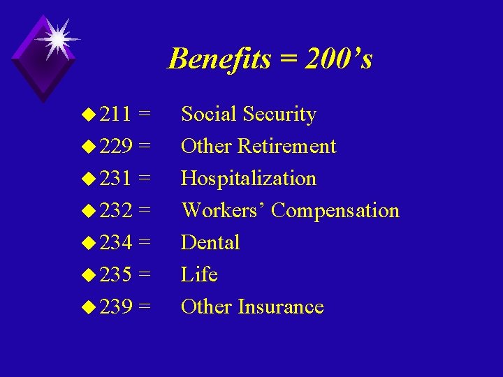 Benefits = 200’s u 211 = u 229 = u 231 = u 232