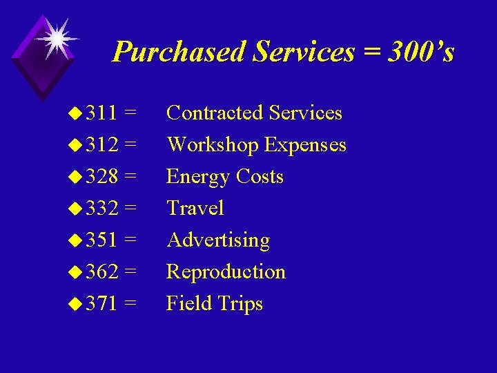 Purchased Services = 300’s u 311 = u 312 = u 328 = u