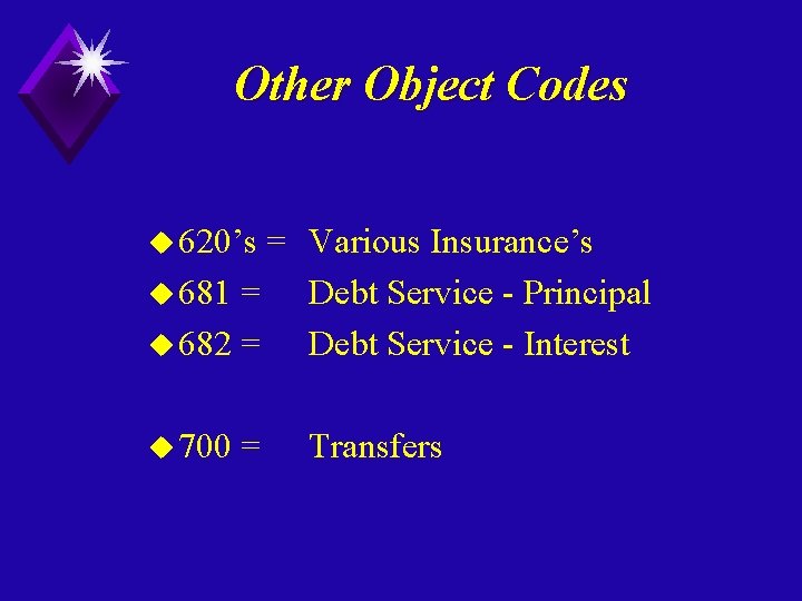 Other Object Codes u 620’s = Various Insurance’s u 681 = Debt Service -