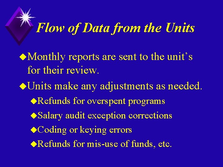 Flow of Data from the Units u. Monthly reports are sent to the unit’s