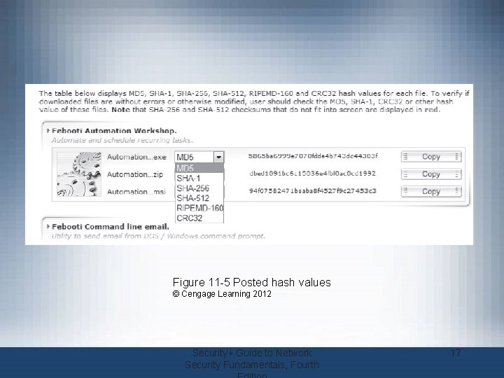 Figure 11 -5 Posted hash values © Cengage Learning 2012 Security+ Guide to Network