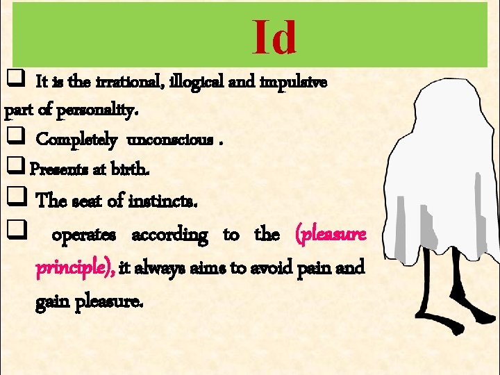 Id q It is the irrational, illogical and impulsive part of personality. q Completely Id q It is the irrational, illogical and impulsive part of personality. q Completely
