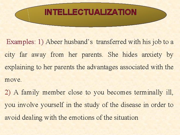 INTELLECTUALIZATION Examples: 1) Abeer husband’s transferred with his job to a city far away INTELLECTUALIZATION Examples: 1) Abeer husband’s transferred with his job to a city far away