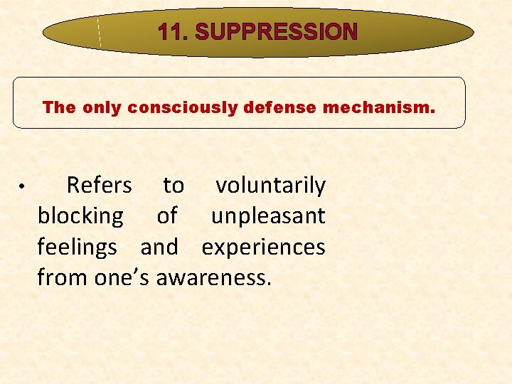 11. SUPPRESSION The only consciously defense mechanism. • Refers to voluntarily blocking of unpleasant 11. SUPPRESSION The only consciously defense mechanism. • Refers to voluntarily blocking of unpleasant