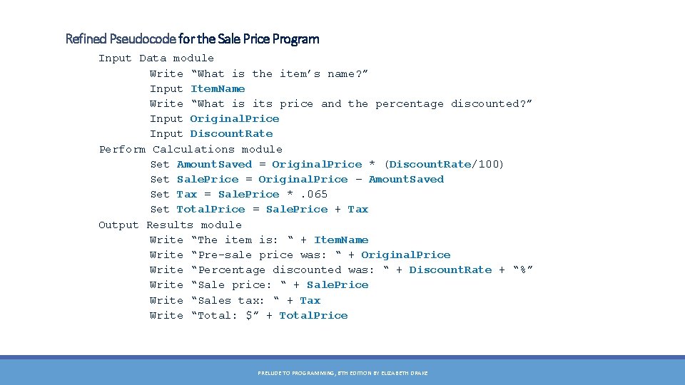 Refined Pseudocode for the Sale Price Program Input Data module Write “What is the