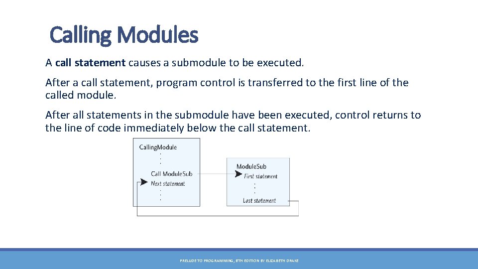 Calling Modules A call statement causes a submodule to be executed. After a call