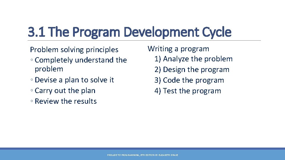 3. 1 The Program Development Cycle Problem solving principles ◦ Completely understand the problem