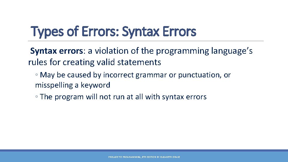 Types of Errors: Syntax Errors Syntax errors: a violation of the programming language’s rules