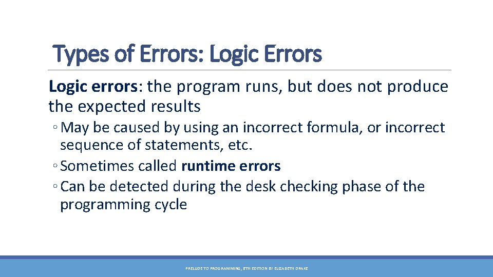 Types of Errors: Logic Errors Logic errors: the program runs, but does not produce