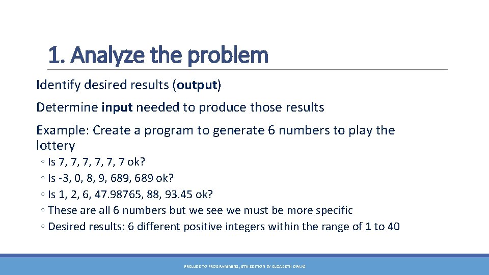 1. Analyze the problem Identify desired results (output) Determine input needed to produce those