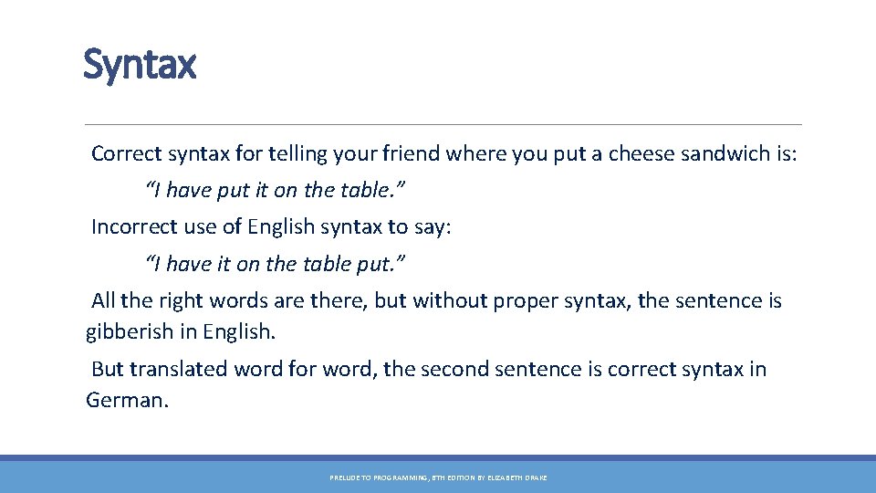 Syntax Correct syntax for telling your friend where you put a cheese sandwich is: