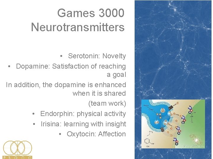 Games 3000 Neurotransmitters • Serotonin: Novelty • Dopamine: Satisfaction of reaching a goal In Games 3000 Neurotransmitters • Serotonin: Novelty • Dopamine: Satisfaction of reaching a goal In