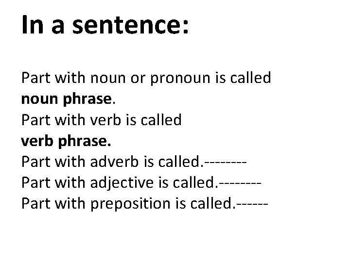 In a sentence: Part with noun or pronoun is called noun phrase. Part with