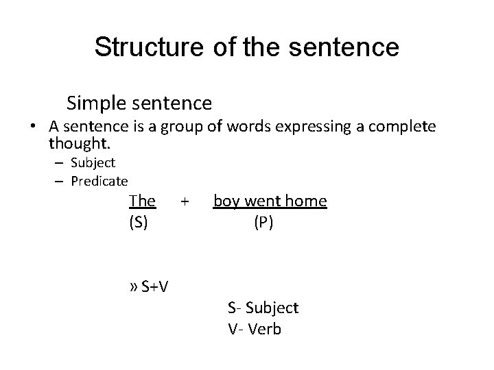 Structure of the sentence Simple sentence • A sentence is a group of words