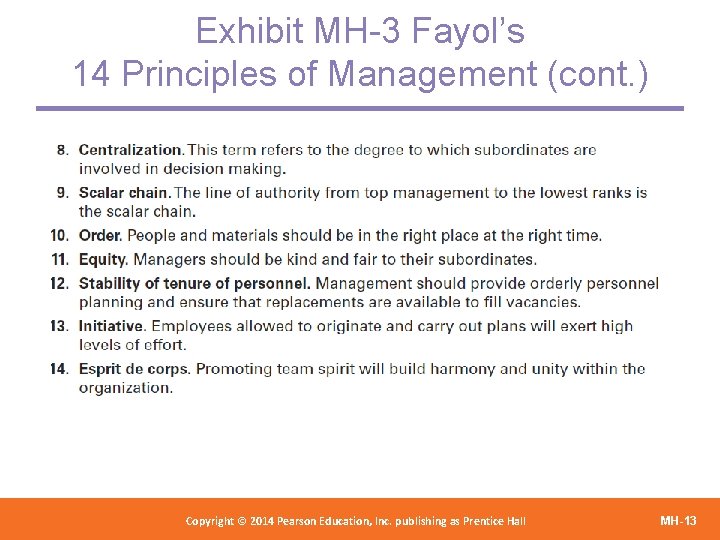 Exhibit MH-3 Fayol’s 14 Principles of Management (cont. ) Copyright 2012 Pearson Education, Copyright