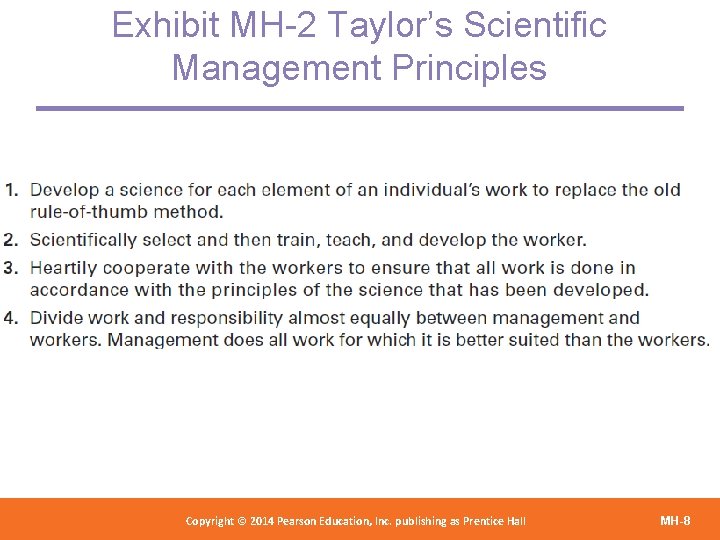 Exhibit MH-2 Taylor’s Scientific Management Principles Copyright 2012 Pearson Education, Copyright © 2014 Pearson©Education,