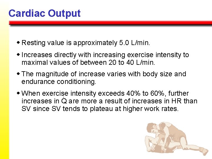 Cardiac Output w Resting value is approximately 5. 0 L/min. w Increases directly with