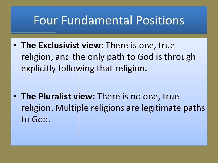 Four Fundamental Positions • The Exclusivist view: There is one, true religion, and the