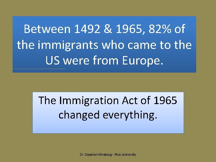 Between 1492 & 1965, 82% of the immigrants who came to the US were